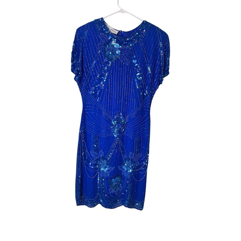 Lillie Rubin Pure Silk Hand Beaded Flapper Dress Royal Blue Size Small Vintage